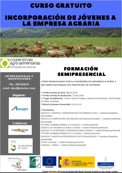 Cartel del curso de capacitación de jóvenes para incorporarse a la empresa agraria asturiana.